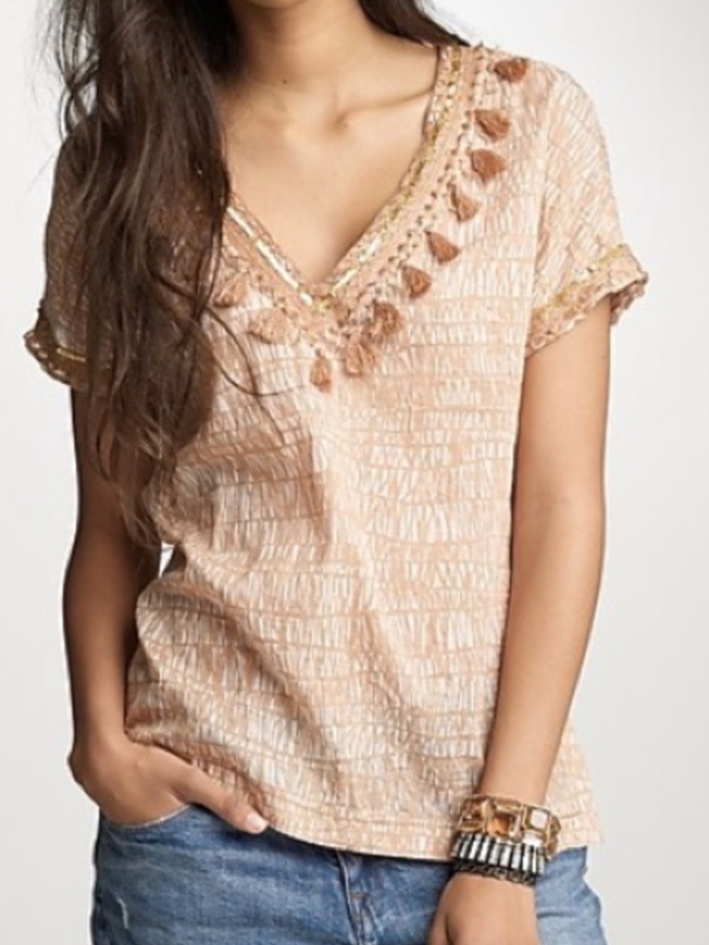 Scarlett Peach V-Neck Tassel Blouse with Sequin Trim
